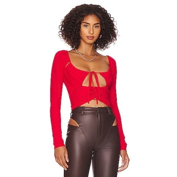 NWOT Revolve h:ours Cora Women's Blouse Top Shirt Cutout Bright Red Large Tie - Picture 2 of 8